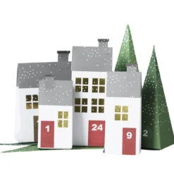 Adventskalender, kalenderhus & granar med härlig vinterstämning. Papper, 24 st. + 24 stickers 1–24