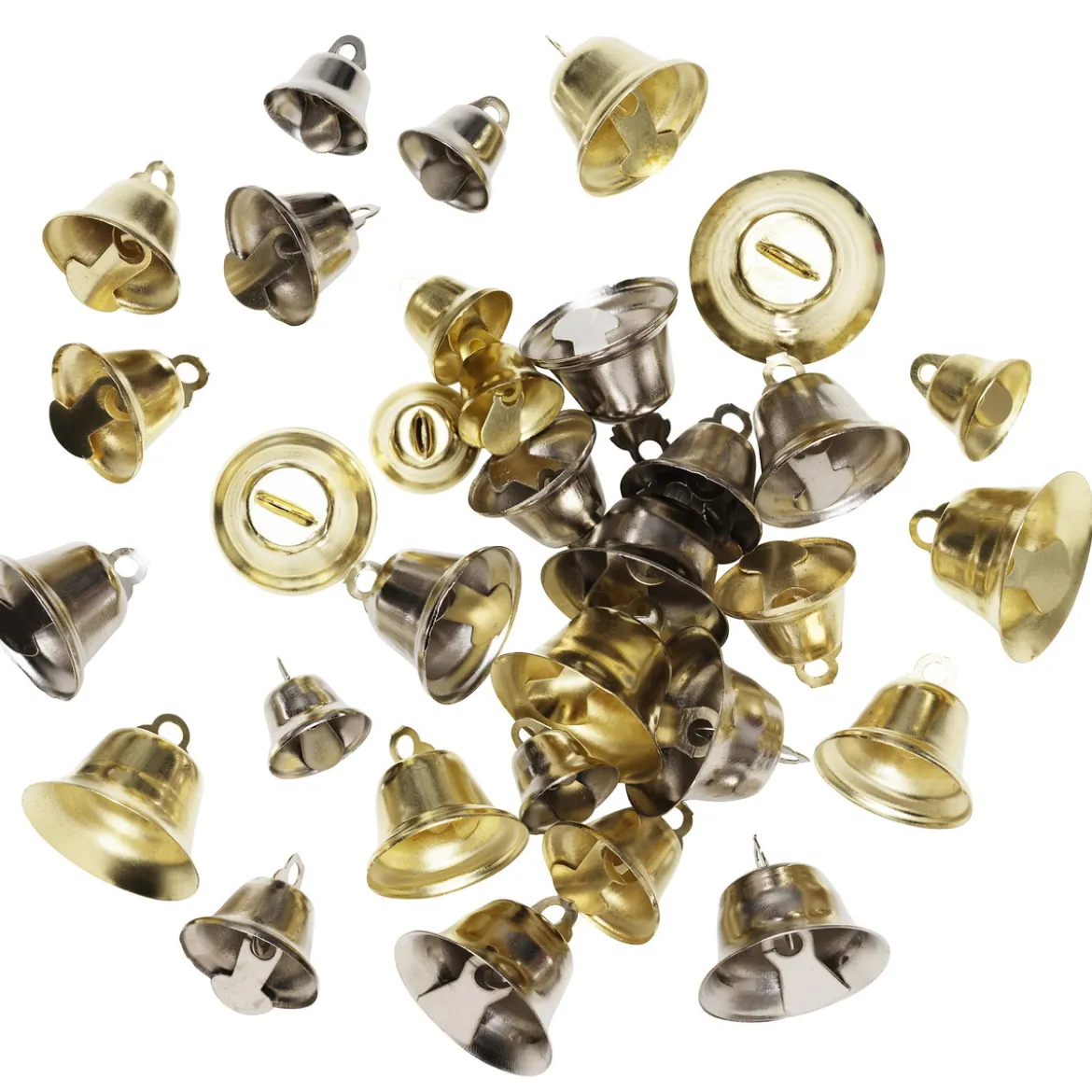 32 bjällror bjällerklockor, guldfärgade & silverfärgade. Ø12, 15, 18 & 21 mm, 4×2 av varje storlek och färg