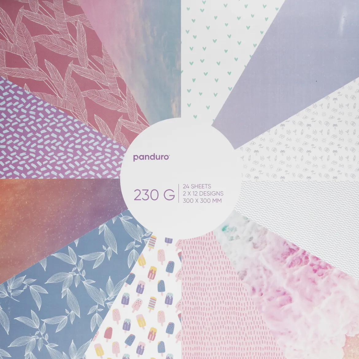 Block med designark 30×30 cm i ljusa färger & mönster, 24 ark, 230 g/m²