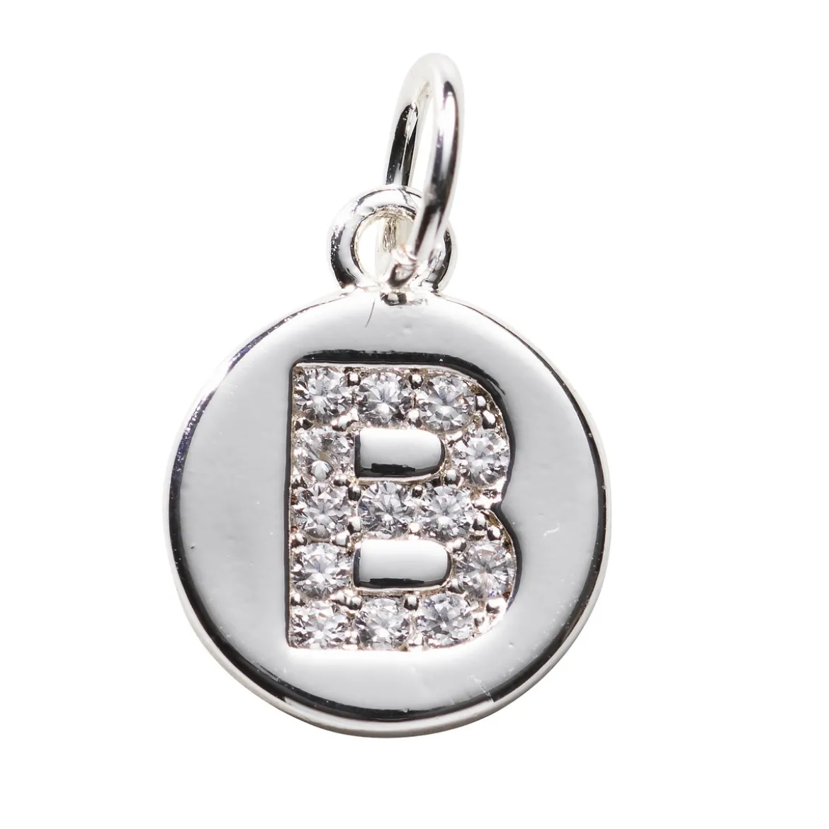 Bokstavshänge cirkel strass B – Ø12 mm, mässing pläterat med 925 sterling silver