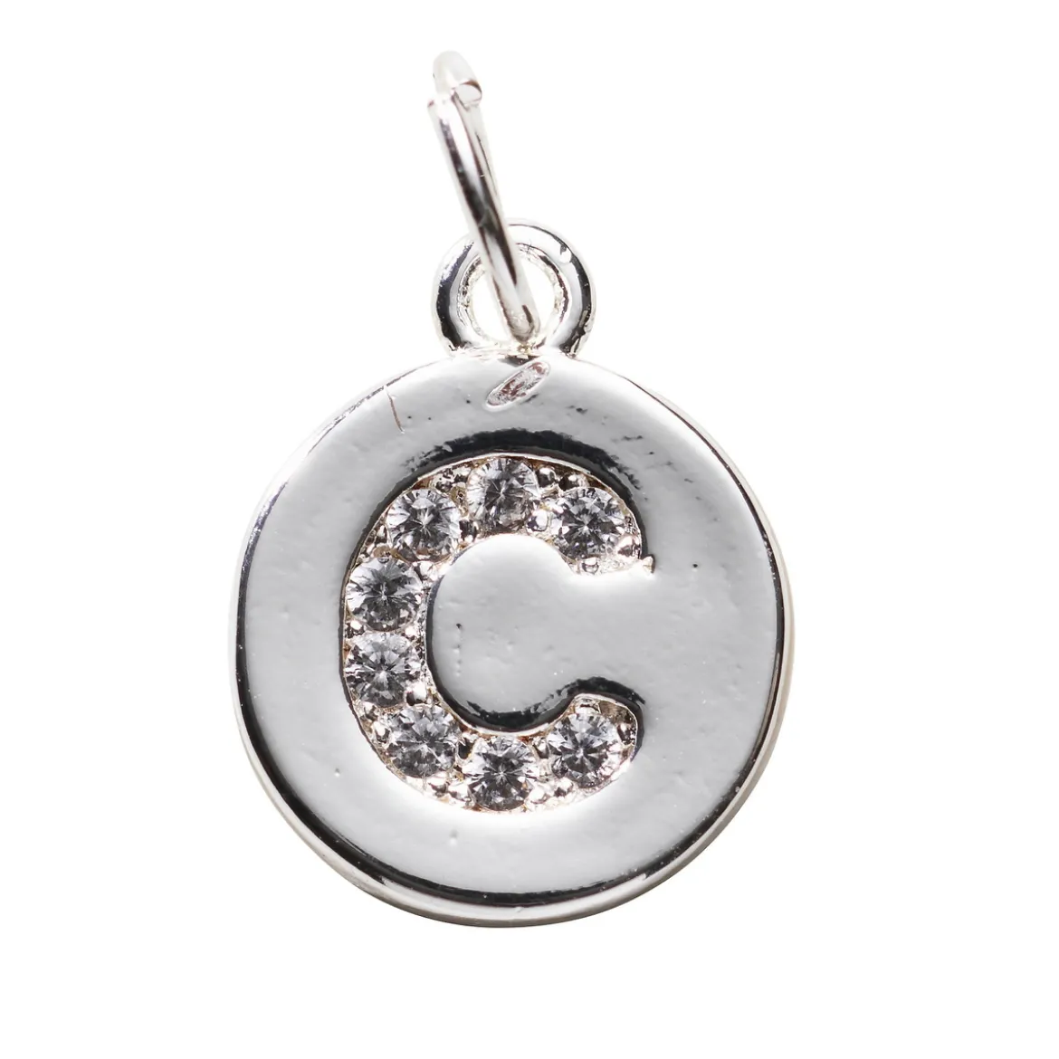Bokstavshänge cirkel strass C – Ø12 mm, mässing pläterat med 925 sterling silver