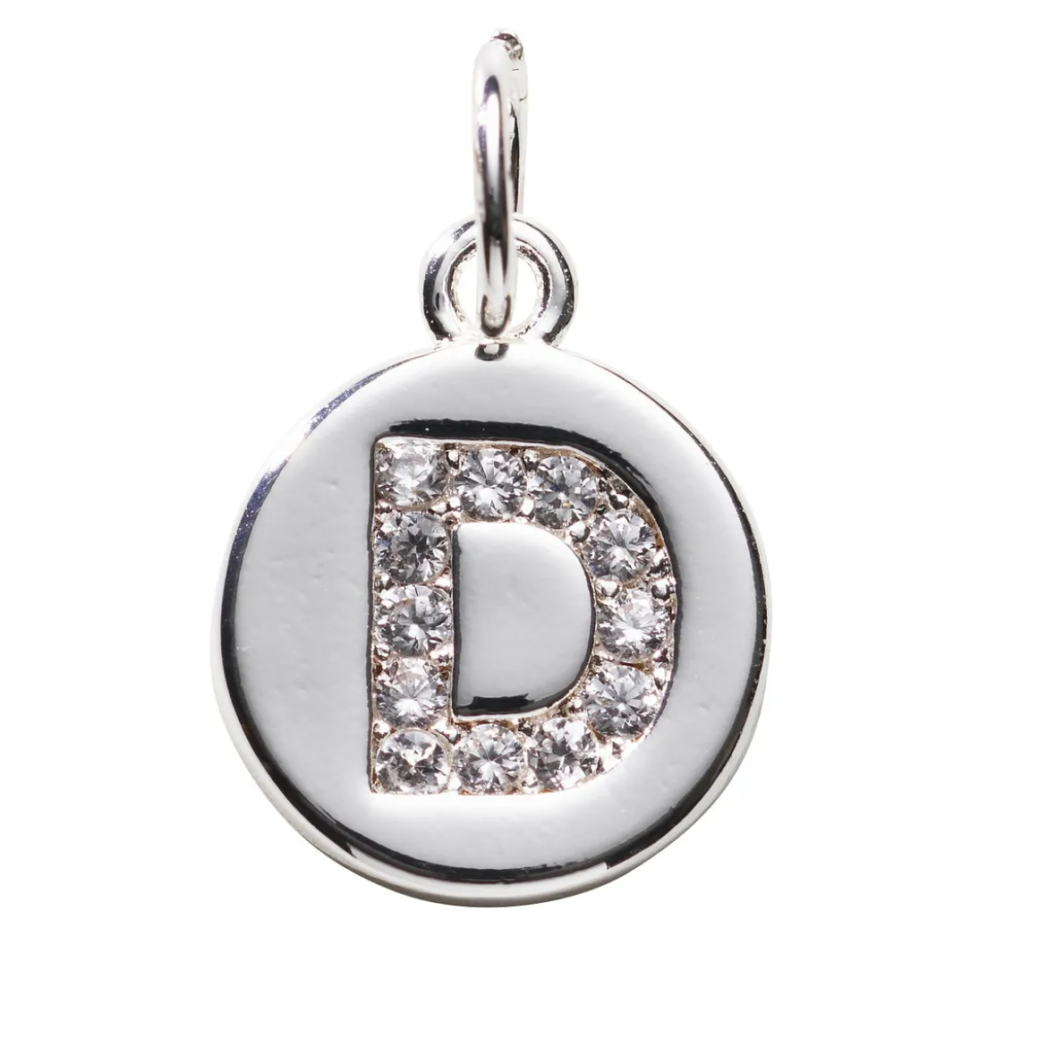 Bokstavshänge cirkel strass D – Ø12 mm, mässing pläterat med 925 sterling silver