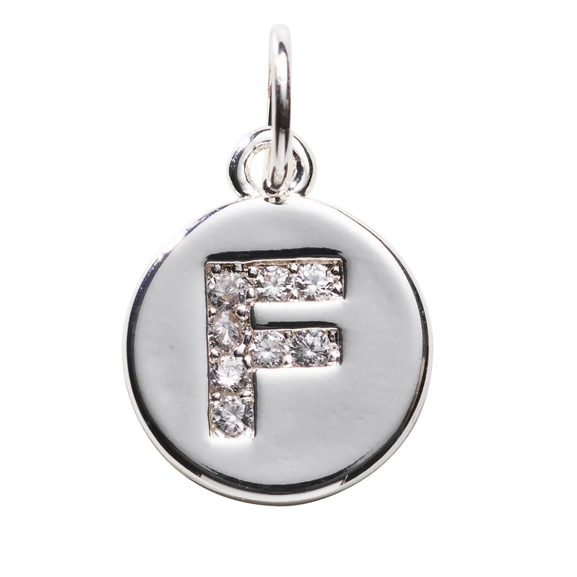 Bokstavshänge cirkel strass F – Ø12 mm, mässing pläterat med 925 sterling silver