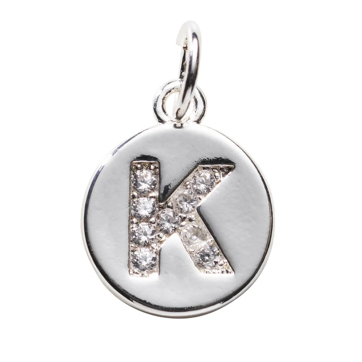 Bokstavshänge cirkel strass K – Ø12 mm, mässing pläterat med 925 sterling silver