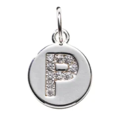 Bokstavshänge cirkel strass P – Ø12 mm, mässing pläterat med 925 sterling silver