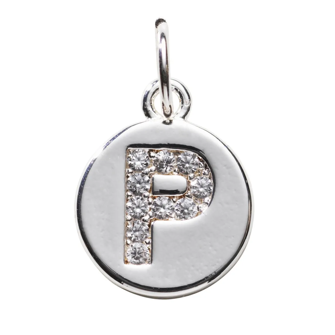 Bokstavshänge cirkel strass P – Ø12 mm, mässing pläterat med 925 sterling silver