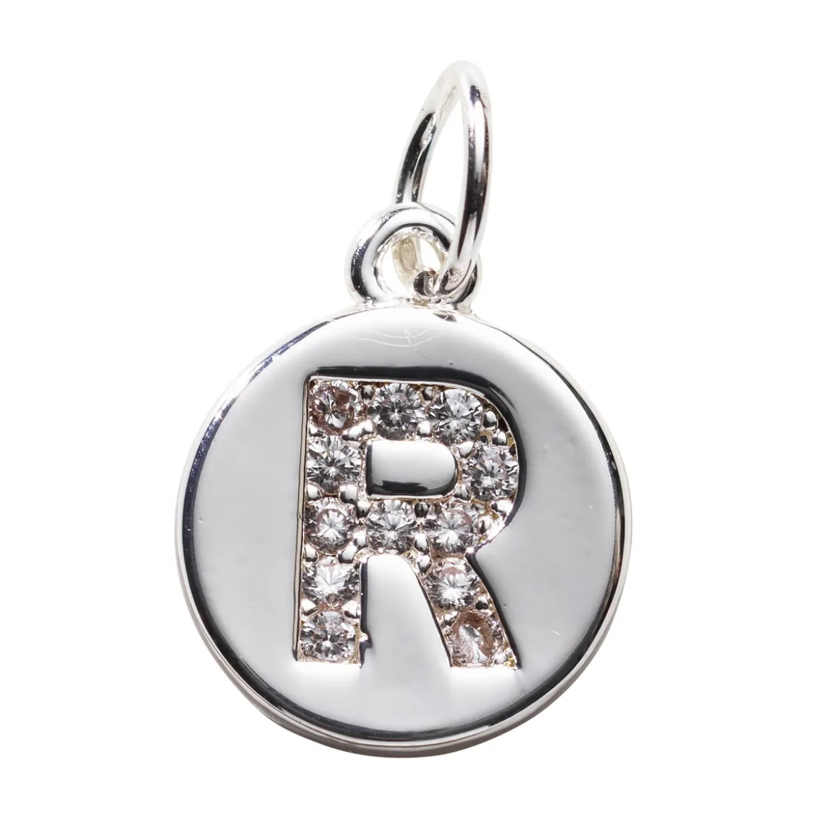 Bokstavshänge cirkel strass R – Ø12 mm, mässing pläterat med 925 sterling silver