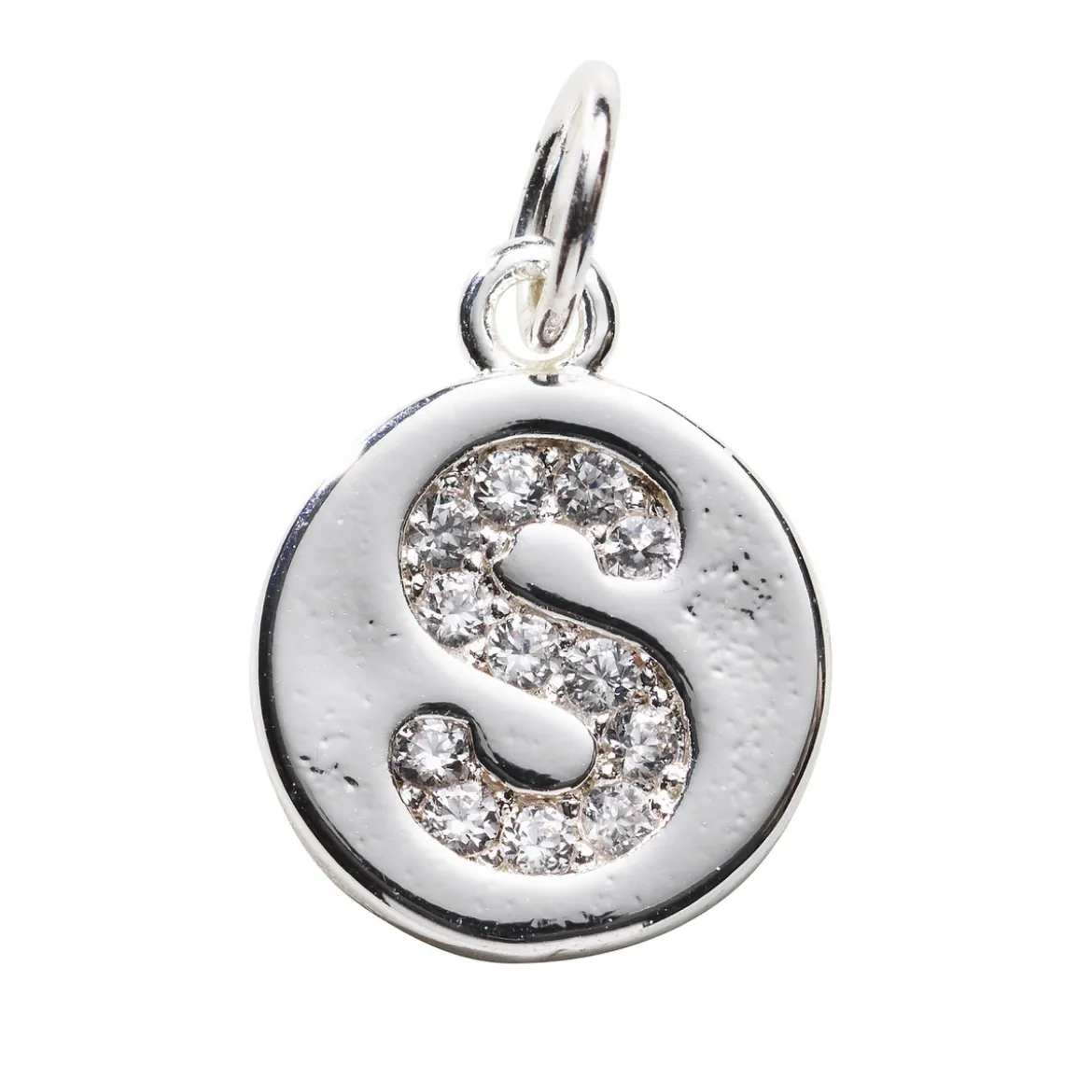 Bokstavshänge cirkel strass S – Ø12 mm, mässing pläterat med 925 sterling silver