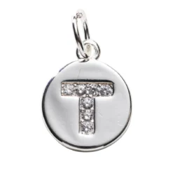 Bokstavshänge cirkel strass T – Ø12 mm, mässing pläterat med 925 sterling silver