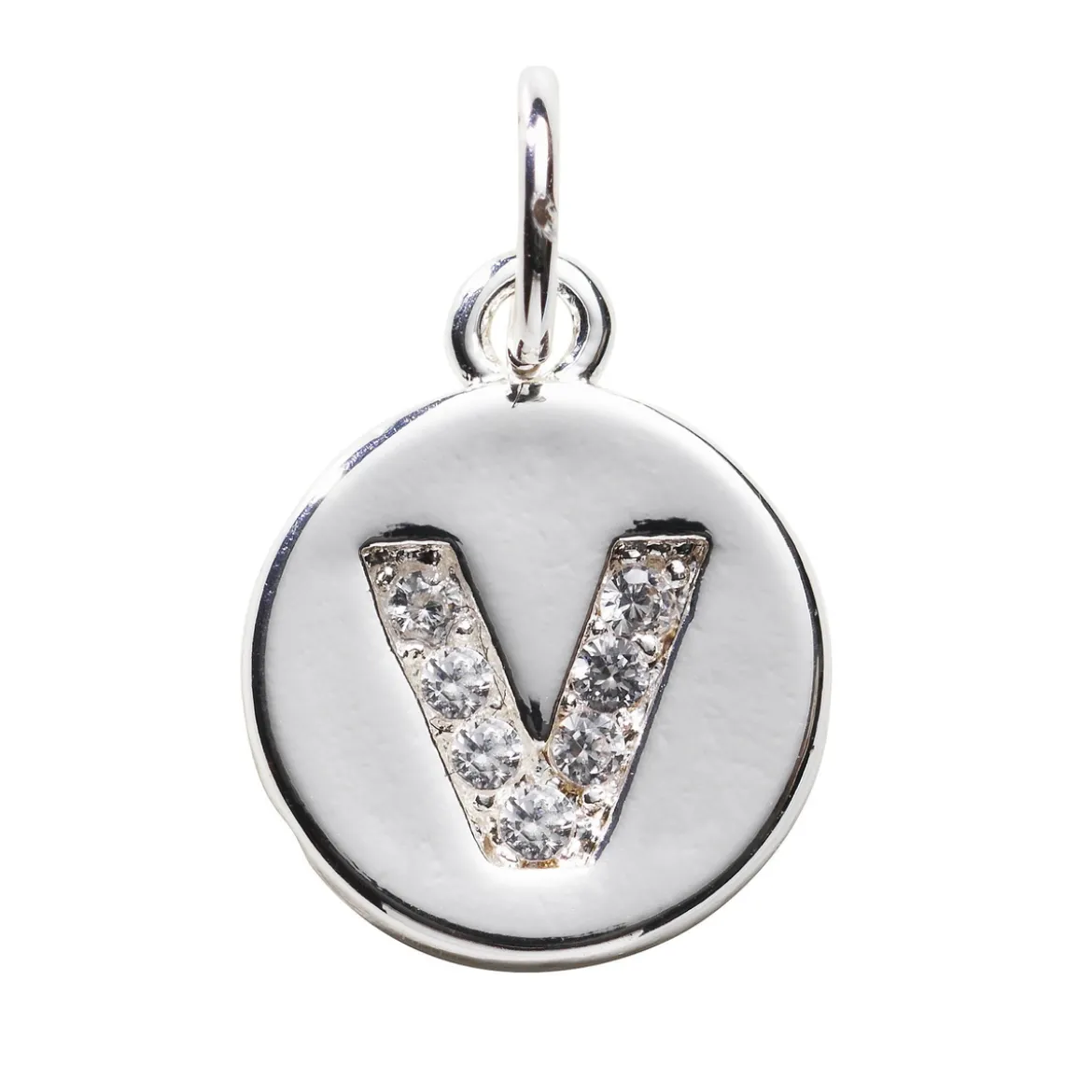 Bokstavshänge cirkel strass V – Ø12 mm, mässing pläterat med 925 sterling silver