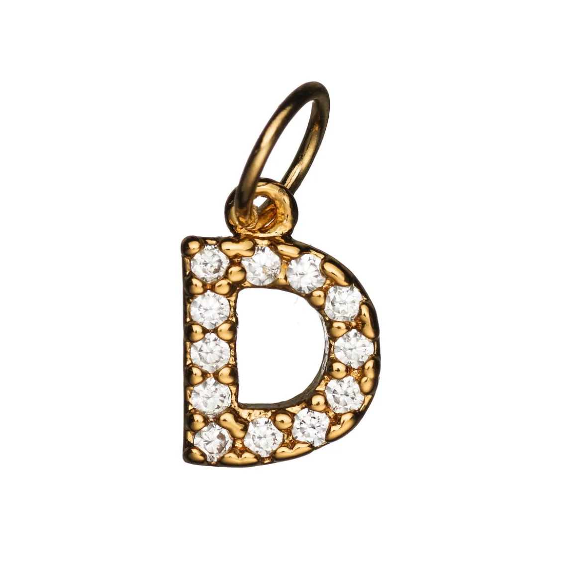 Bokstavshänge med strass D – längd 7 mm, mässing, pläterat med 9 karat guld