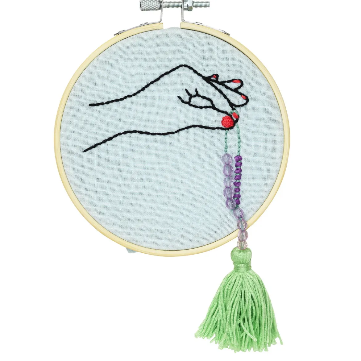 Broderikit Tassel Treasure Ø13 cm, allt för att brodera en hand med ett tofssmycke