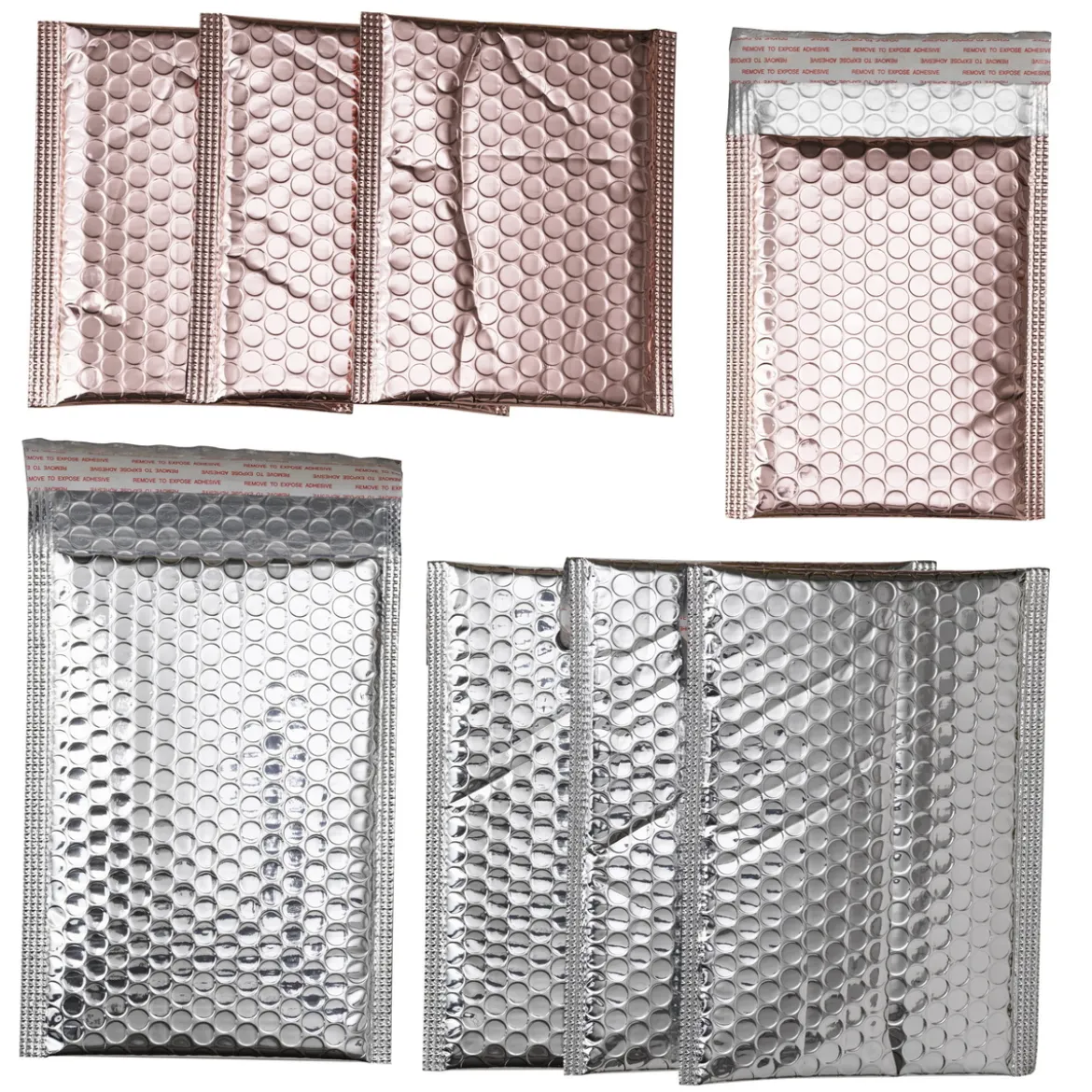 Bubbelplastpåsar i metallicfärger, 8 st. 150×105 mm / 200×125 mm , 4 av var