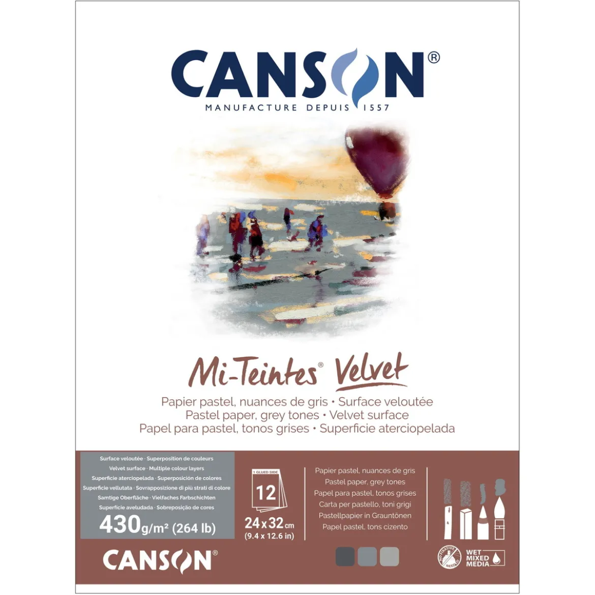 Canson Mi-Teintes Velvet pastellblock Grey Tones, 24×32 cm, 12 ark, 430 g/m²