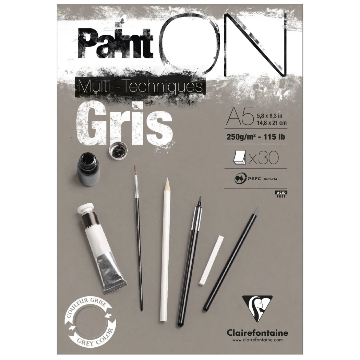 Clairefontaine Paint ON Multi Techniques block A5 (148×210 mm), 30 gråa ark, 250 g/m²