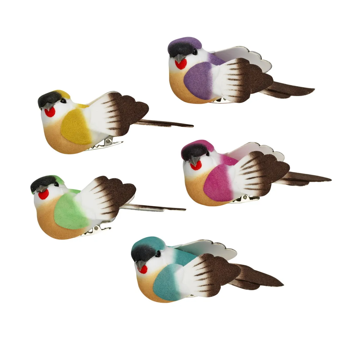 Dekorationsfåglar i glada färger, 5-pack 8×4×4 cm
