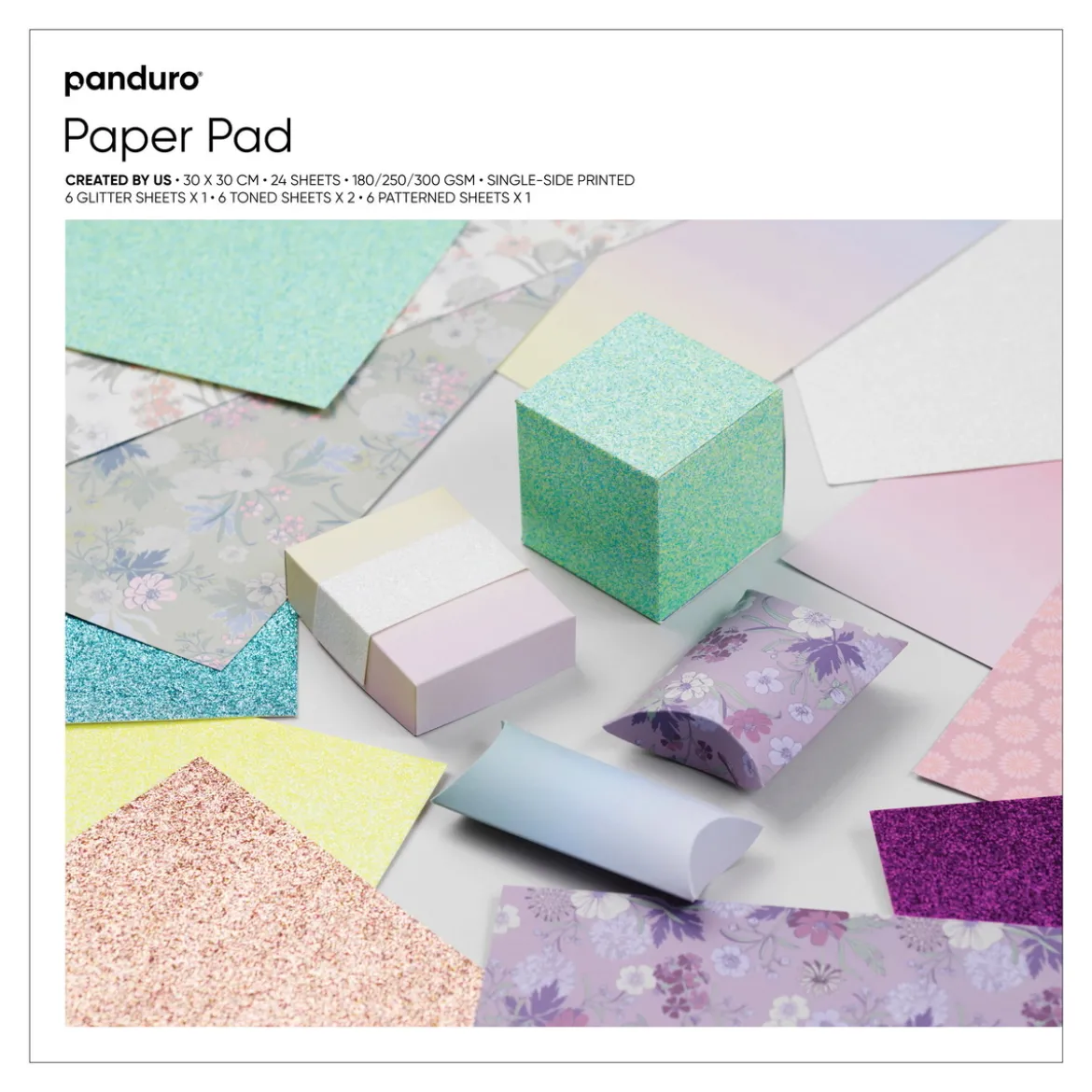 Designblock med 24 glittriga, mönstrade och tonade ark, 30×30 cm, 180-300 g/m²