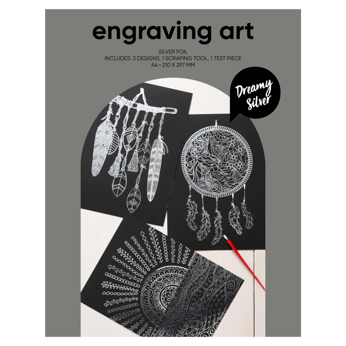 Engraving art Dreamy Silver – scratch art med 3 st. A4-ark, silvriga & drömska motiv