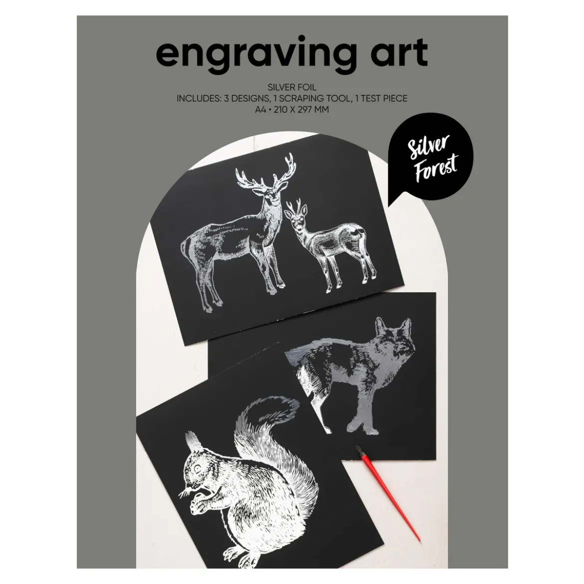 Engraving art Silver Forest – scratch art med 3 st. A4-ark, silvriga skogsmotiv