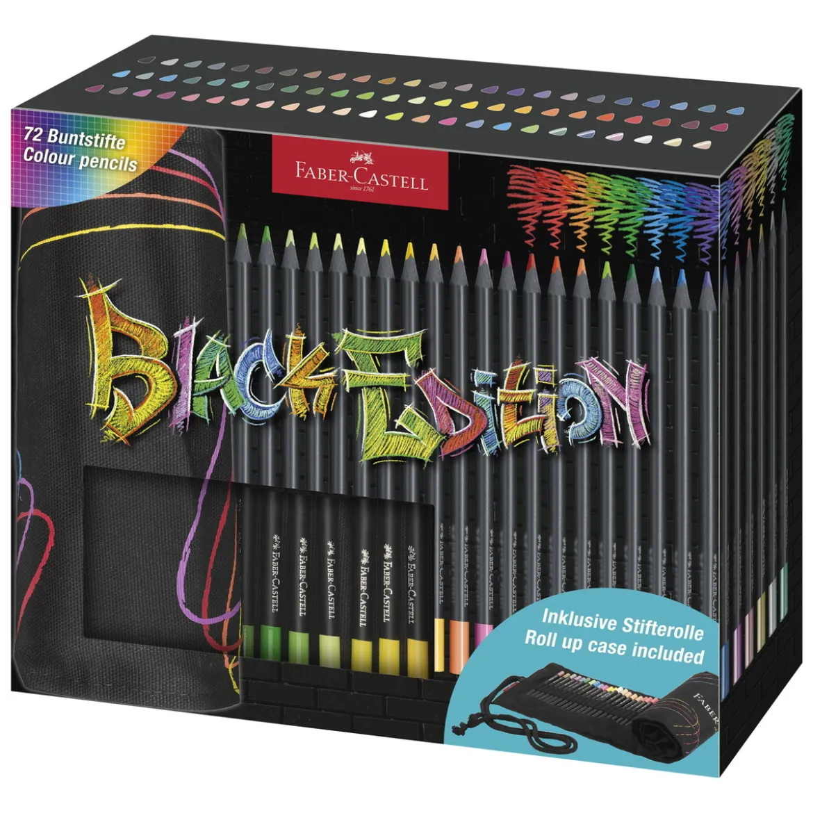 Faber-Castell Black Edition vaxbaserade färgpennor 72-pack + hoprullbart pennfodral