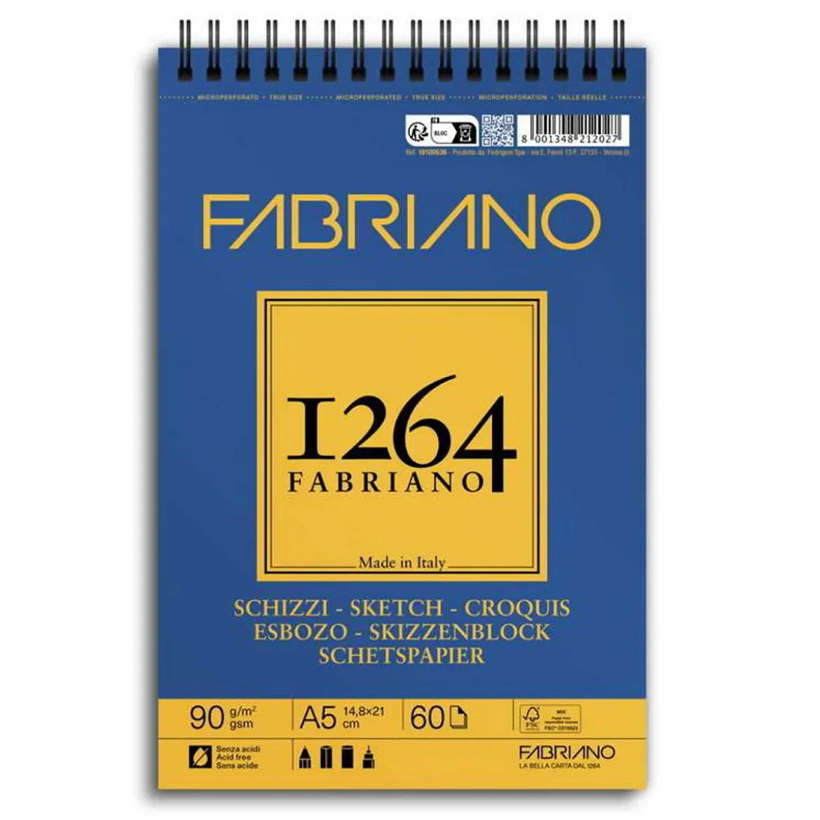 Fabriano spiralbundet skissblock F-1264 A5 (148×210 mm), 60 ark, 90 g/m²