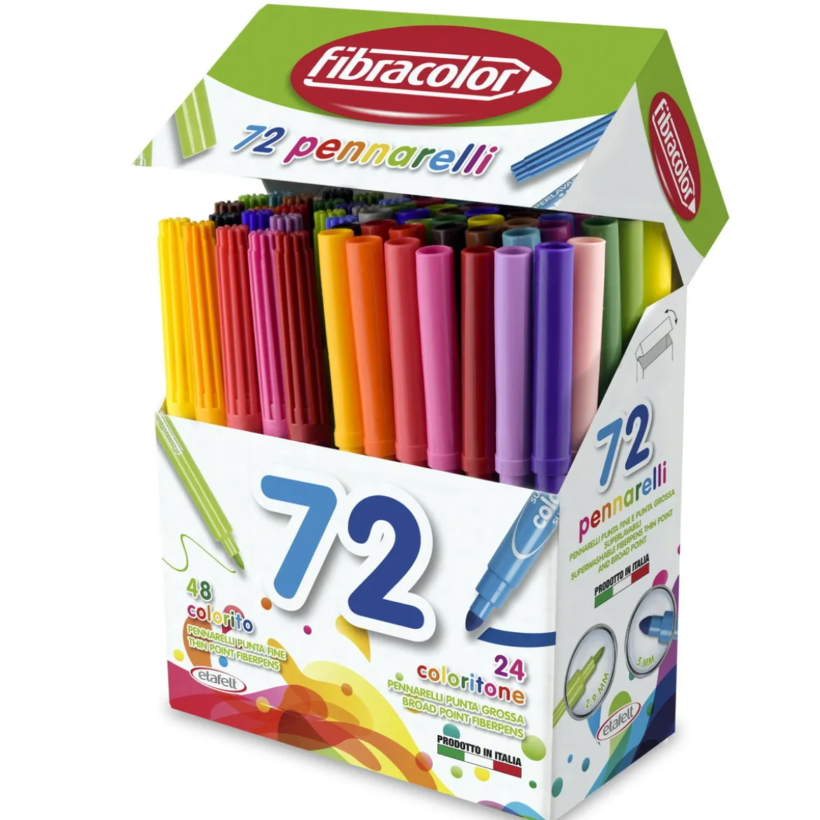 Fibracolor tuschpennor 72-pack, 2×24 vanliga tuschpennor + 24 med tjock spets. Totalt 24 olika färger.