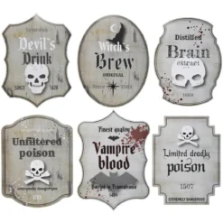 Flasketiketter till halloween, 6 st. motbjudande teman. Storlek 10×10–13 cm