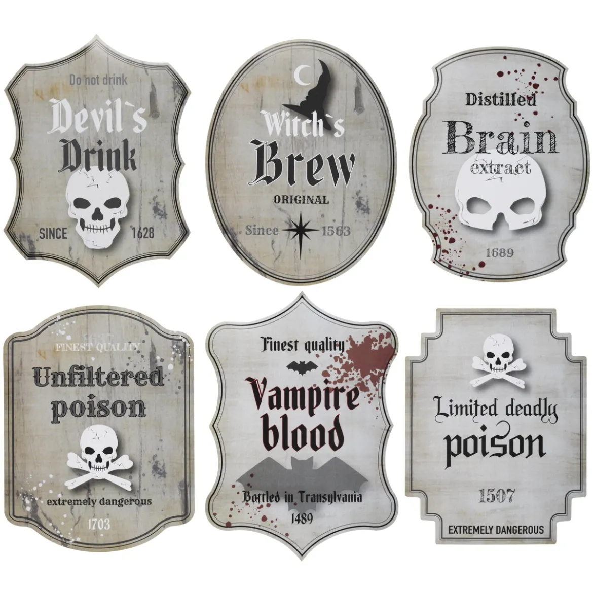 Flasketiketter till halloween, 6 st. motbjudande teman. Storlek 10×10–13 cm