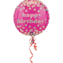Folieballong Ø45 cm – rosa ballong med holografiska prickar – happy birthday