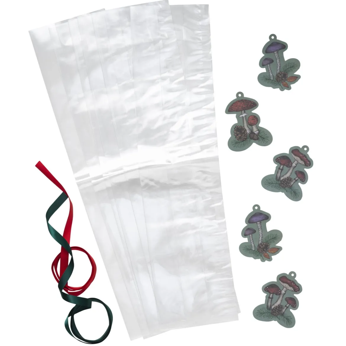 Folierade presentpåsar kit 6 st. 13×48×9 cm, 6 svamp-tags och 2×2 m satinband