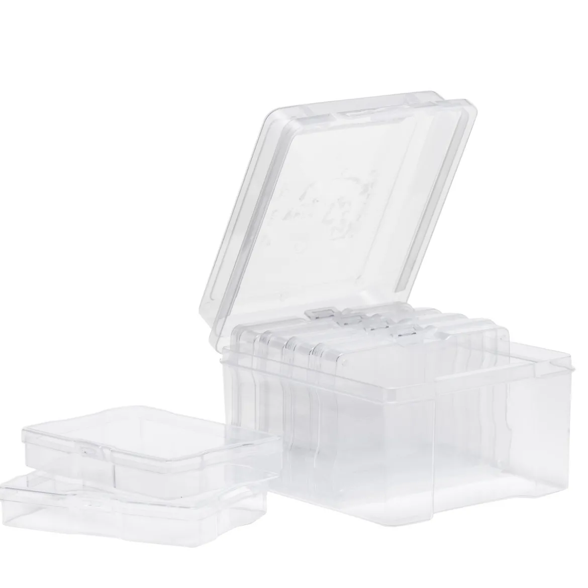 Förvaringslåda av plast, 18,5×21,5×14 cm, med 6 askar à 17×12×3 cm