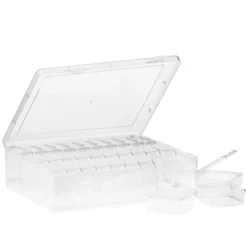 Förvaringslåda av transparent plast med 30 små askar, 22×17,5×6 cm
