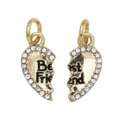Guldfärgade hängen charms, delat hjärta med strass "Best Friend" 8×13 mm