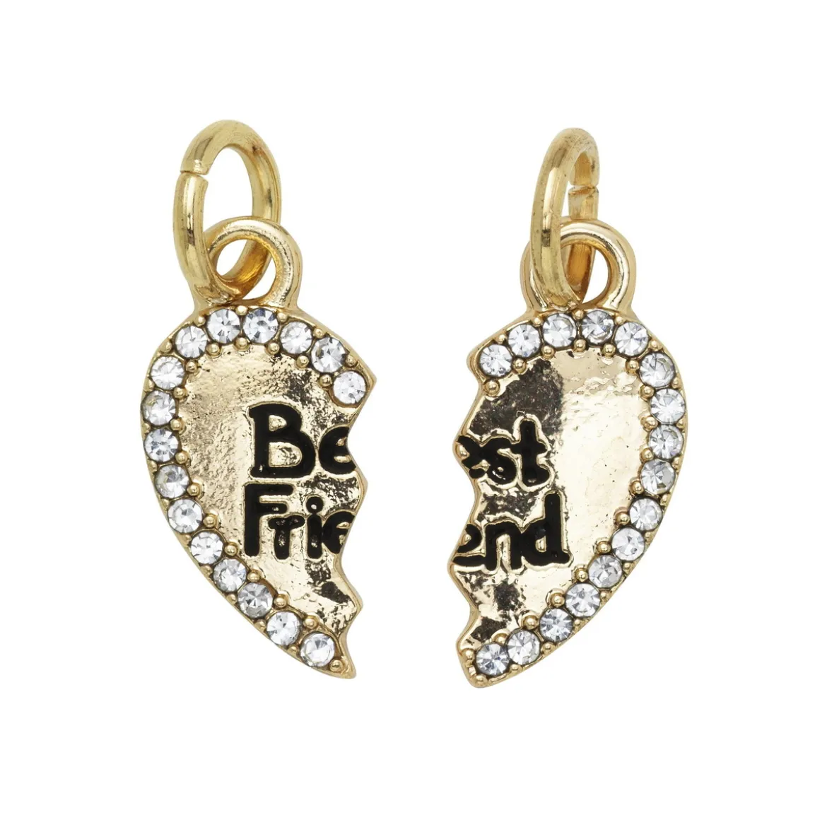 Guldfärgade hängen charms, delat hjärta med strass "Best Friend" 8×13 mm