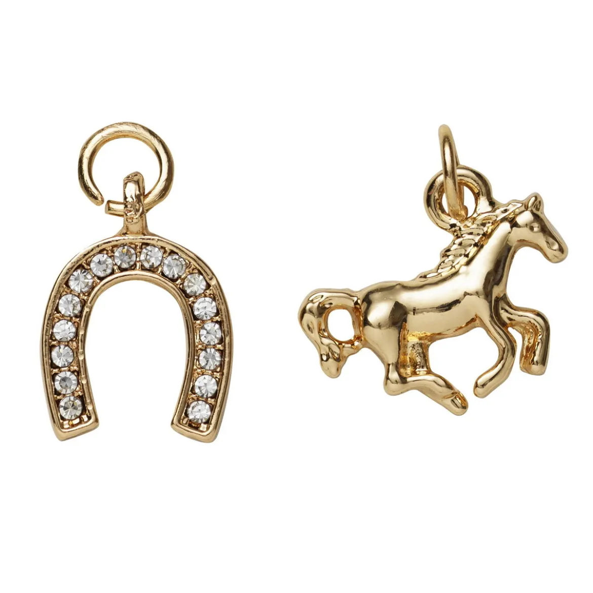 2 guldfärgade hängen charms, häst 15,3×12,2 mm, hov med strass 10×13 mm