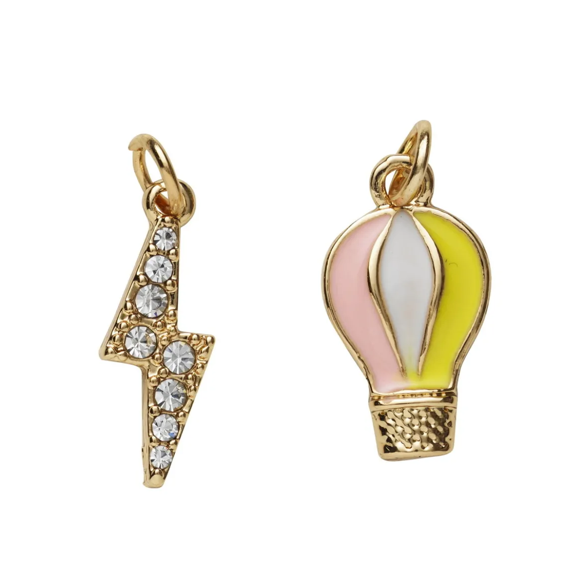 2 guldfärgade hängen charms, luftballong vitt & guld 10×18 mm, blixt strass 7×18 mm
