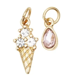 2 guldfärgade hängen charms med strass, glass 8×15,5 mm, droppe 5×7,5 mm