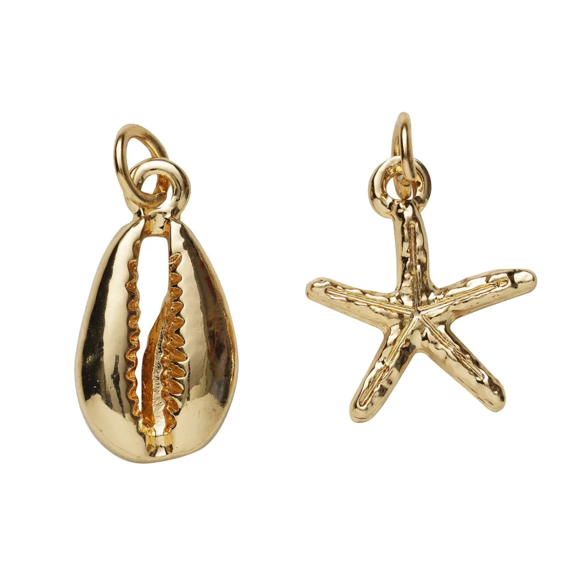 2 guldfärgade hängen charms, sjöstjärna Ø15 mm, snäcka 10×14 mm