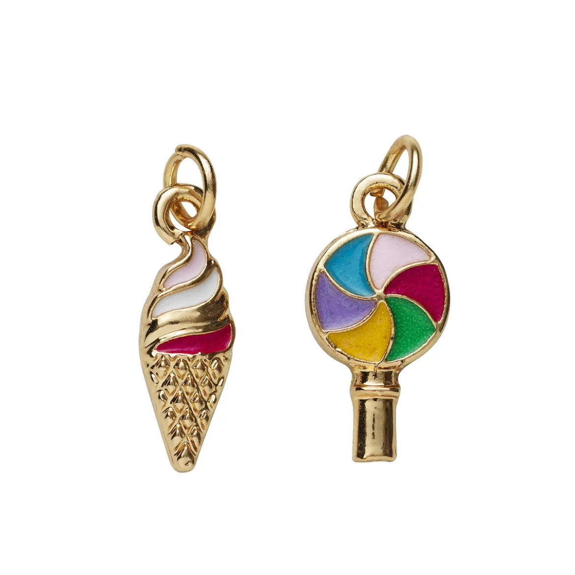 2 guldfärgade hängen charms, slickepinne med färger 8,8×17,3 mm, glass 5,7×17,6 mm