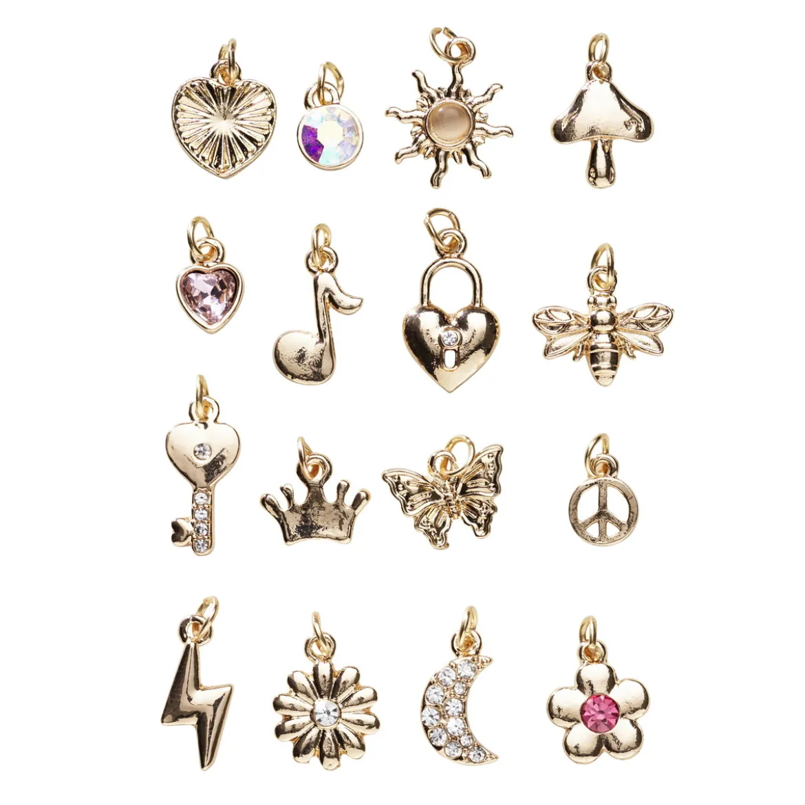 Hängen charms i guldfärg 16 st – sol, månge, hjärta, peace-märke m.m.