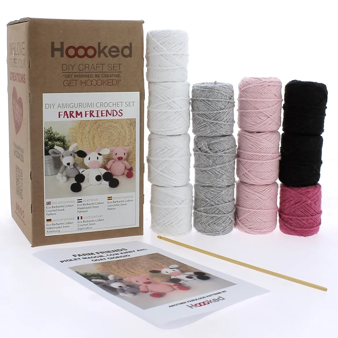 Hooked DIY-kit Farm friends, virka 3 glada kompisar från bondgården