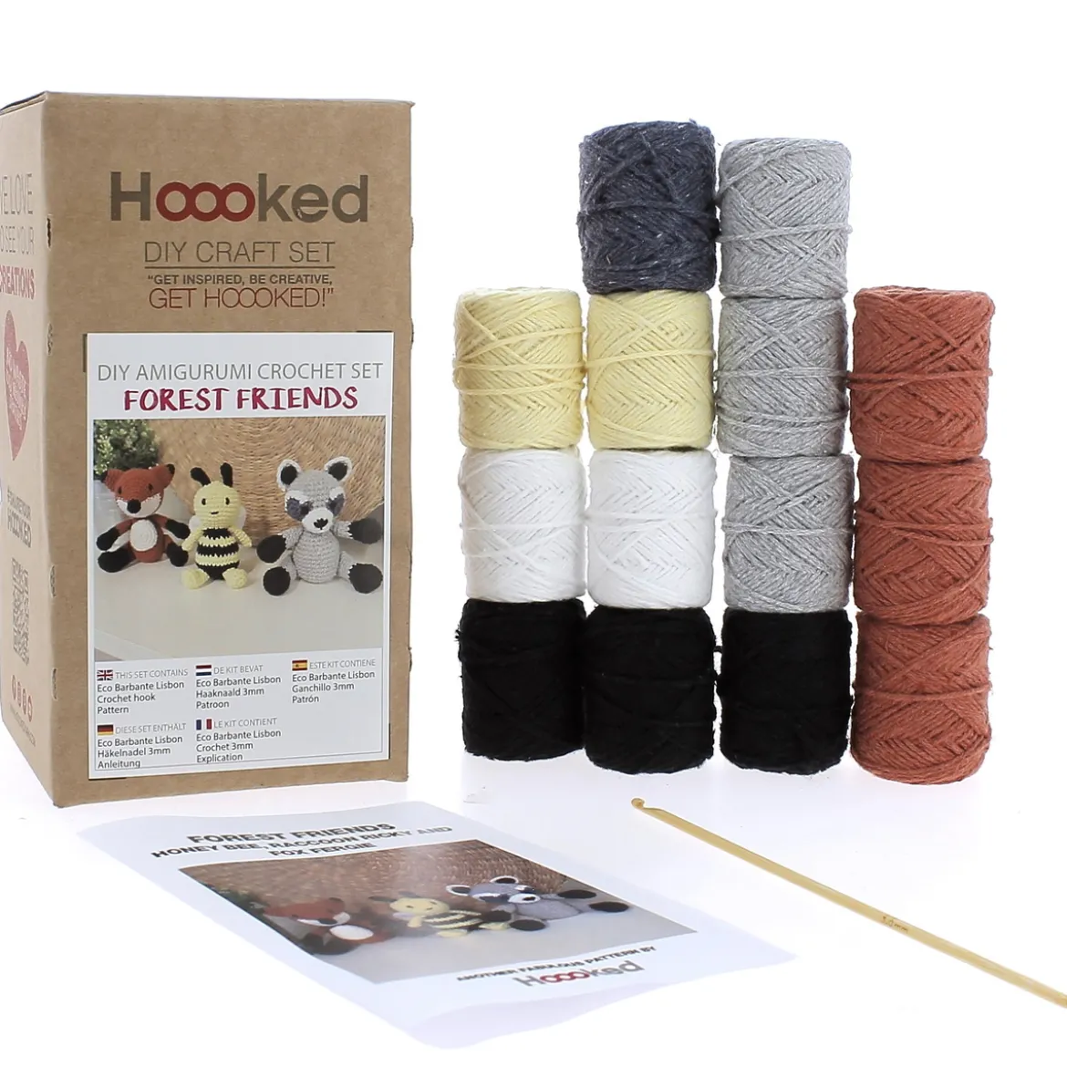 Hooked DIY-kit Forest friends, virka 3 söta skogskompisar