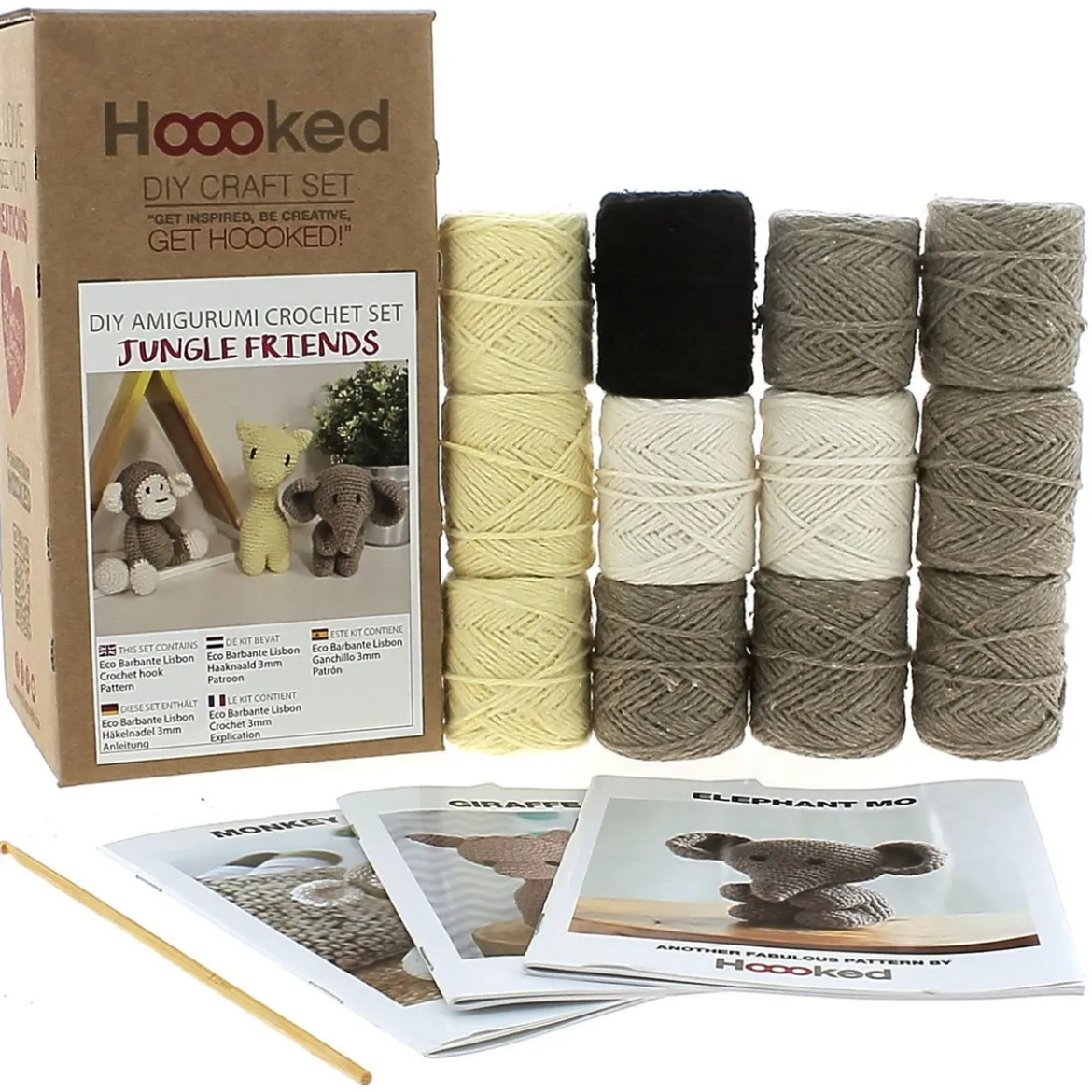 Hooked DIY-kit Jungle friends, virka 3 roliga djungelkompisar