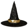 Häxhatt halloween, svart med glänsande guld-detaljer, barnstorlek. Ø32 cm, längd 28 cm
