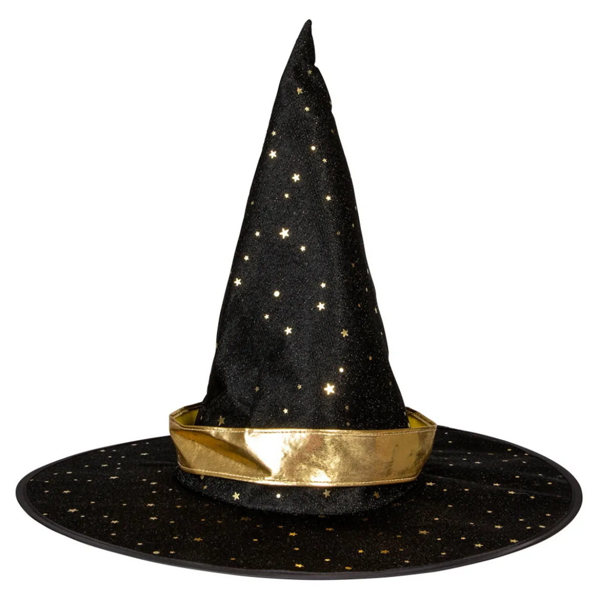 Häxhatt halloween, svart med glänsande guld-detaljer, barnstorlek. Ø32 cm, längd 28 cm