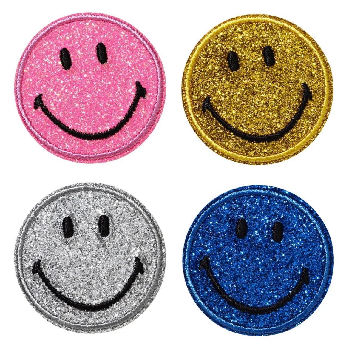 Iron-on tygmärke 4 glittande smileys i 4 olika färger Ø40 mm