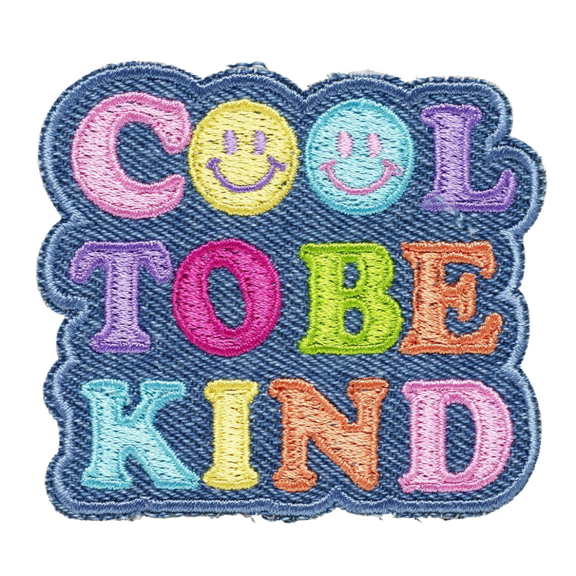 Iron-on tygmärke med texten Cool to be kind + smileys, 65×57 mm