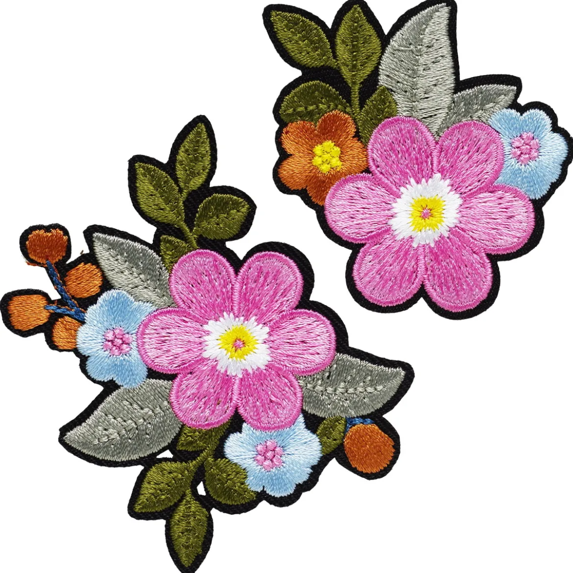 Iron-on tygmärke rosa blommor i 2 storlekar med massor av detaljer 2 st. 65×75 mm & 48×53 mm