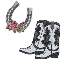 Iron-on tygmärke 2 st. Cowboyboots 55×55 mm & hästsko med blomma 35×40 mm
