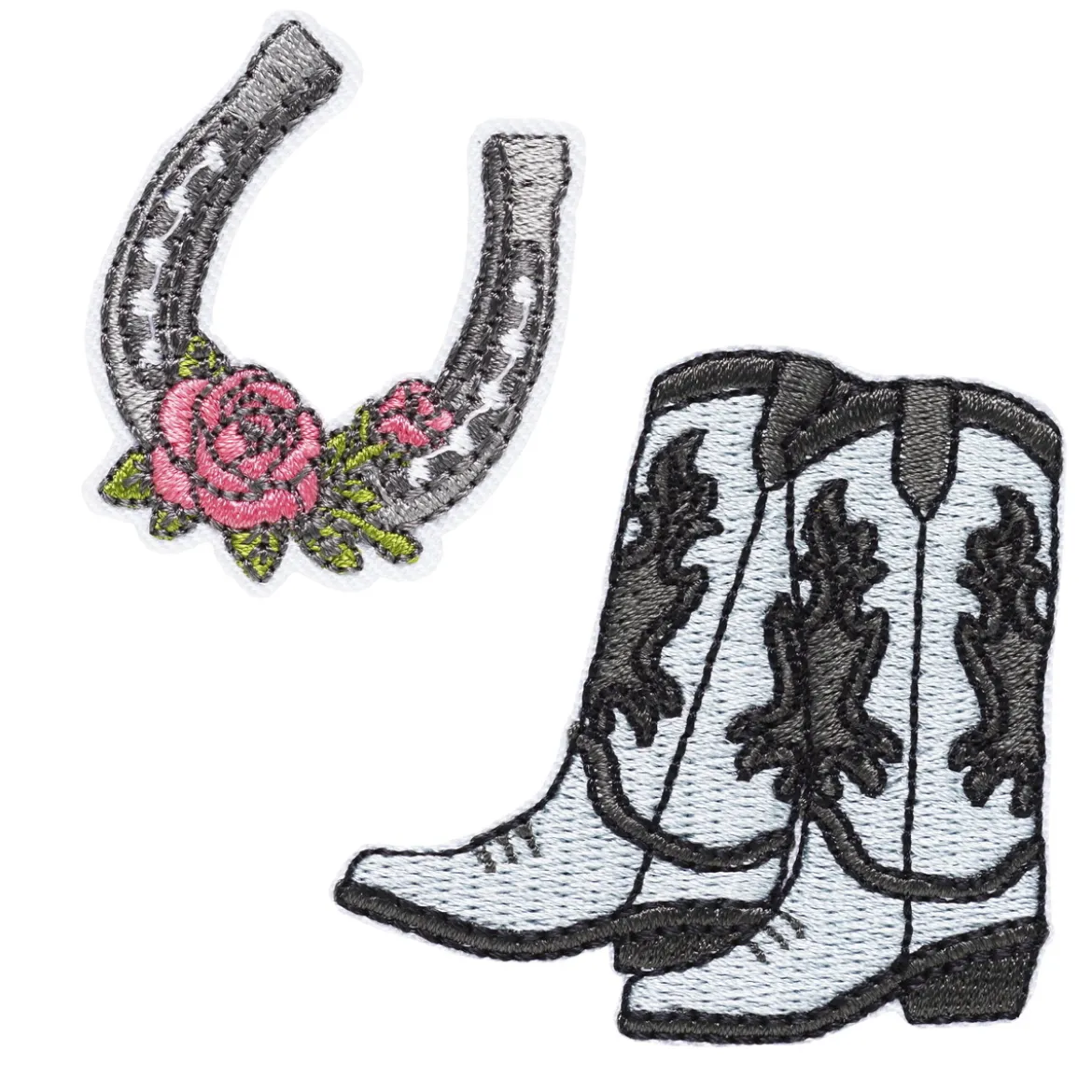 Iron-on tygmärke 2 st. Cowboyboots 55×55 mm & hästsko med blomma 35×40 mm